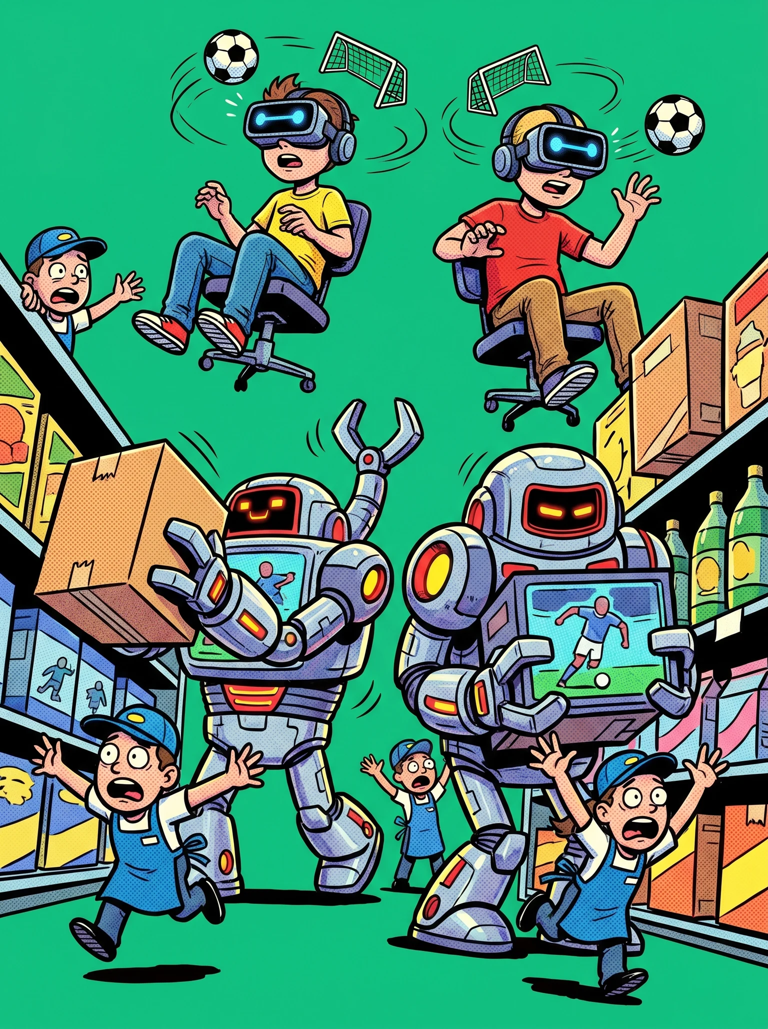 Tiny retail workers panicking while AI robots restock shelves and customers watch soccer on VR headsets.